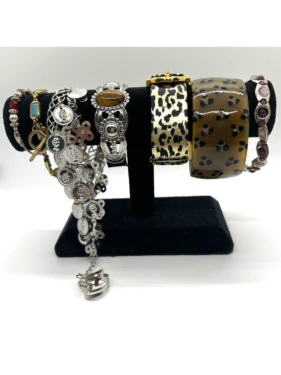 Estate Jewelry - Bohemian Braceley Lot Vintage Silver tone Coin Faux Tiger Eye Leopard Bangle